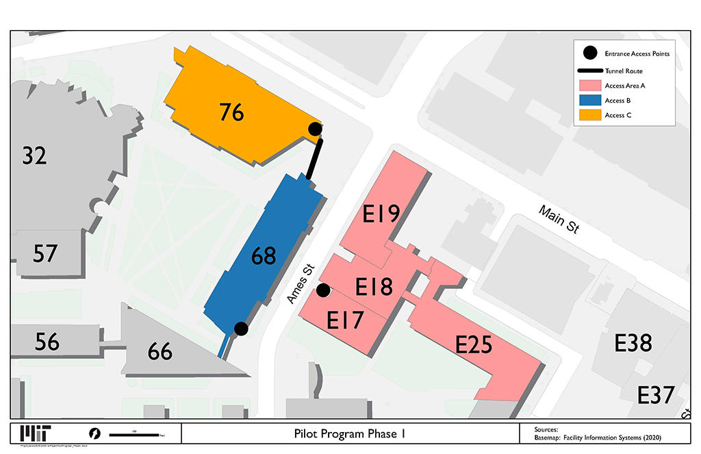 map with dots at the entrances to building 76, 68, and E17