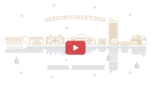 Season's Greetings line drawing of MIT campous and sail boats on the Charles River